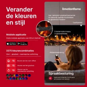 Bediening van de elektrische haard Emotion Flame Solis: mobiele app, afstandsbediening, touch-paneel, 3375 kleurcombinaties en een ingebouwde luidspreker met knetterend vuurgeluid.