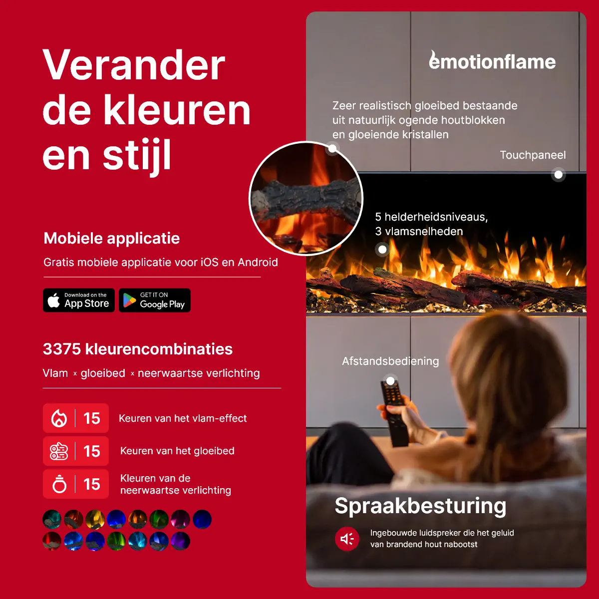 Bediening van de elektrische haard Emotion Flame Solis: mobiele app, afstandsbediening, touch-paneel, 3375 kleurcombinaties en een ingebouwde luidspreker met knetterend vuurgeluid.