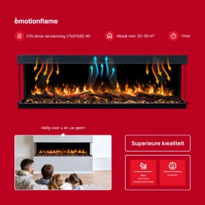 Functies van de elektrische haard Emotion Flame Solis: efficiënte verwarming van 750/1500 W, timer, kinderslot en 'alleen-vlam-modus' zonder verwarming.