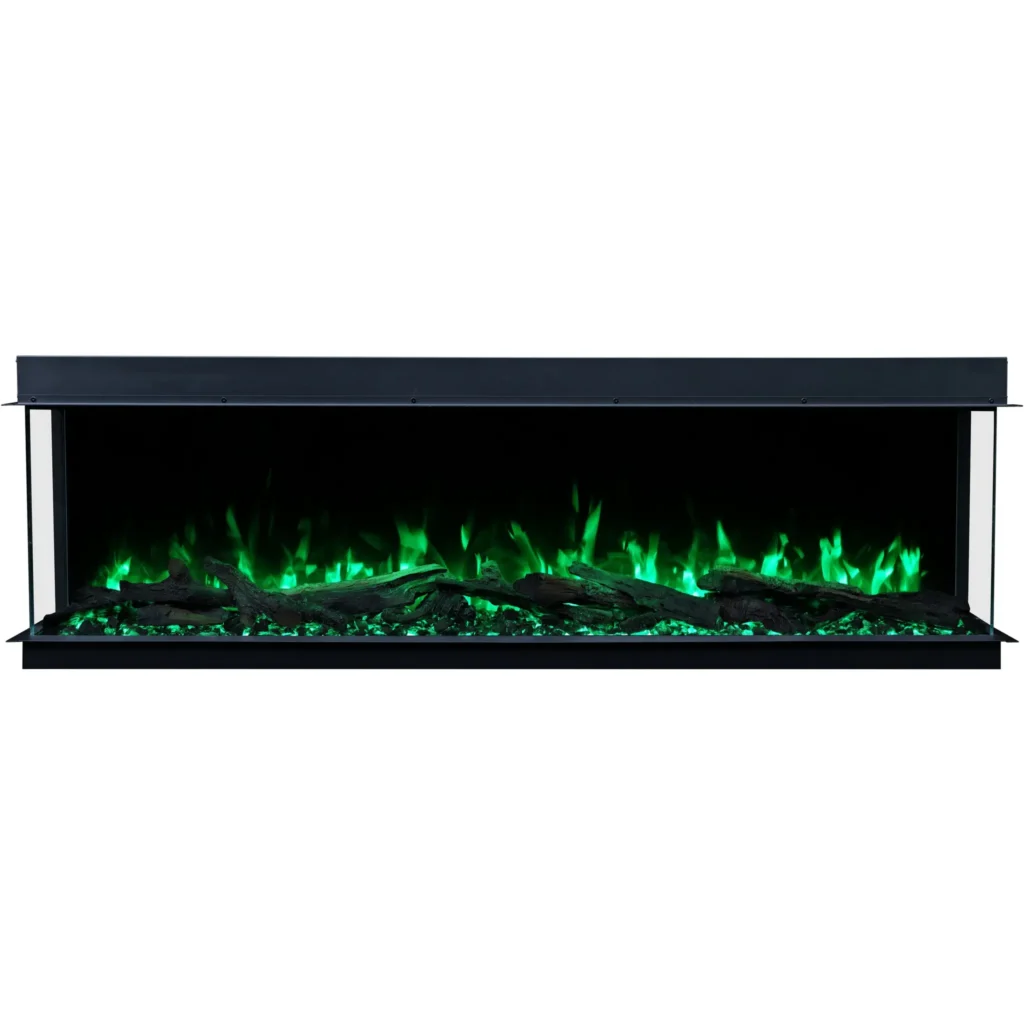Elektrische inbouwhaard Emotion Flame Solis in vooraanzicht, verlicht met een intens groen vlameffect en een sintelbed van kristallen.