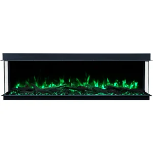 Elektrische inbouwhaard Emotion Flame Solis in vooraanzicht, verlicht met een intens groen vlameffect en een sintelbed van kristallen.