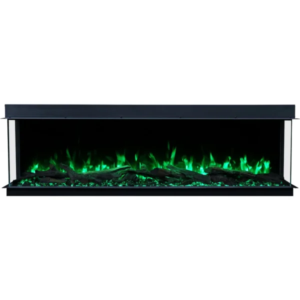 Elektrische inbouwhaard Emotion Flame Solis in vooraanzicht, verlicht met een intens groen vlameffect en een sintelbed van kristallen.