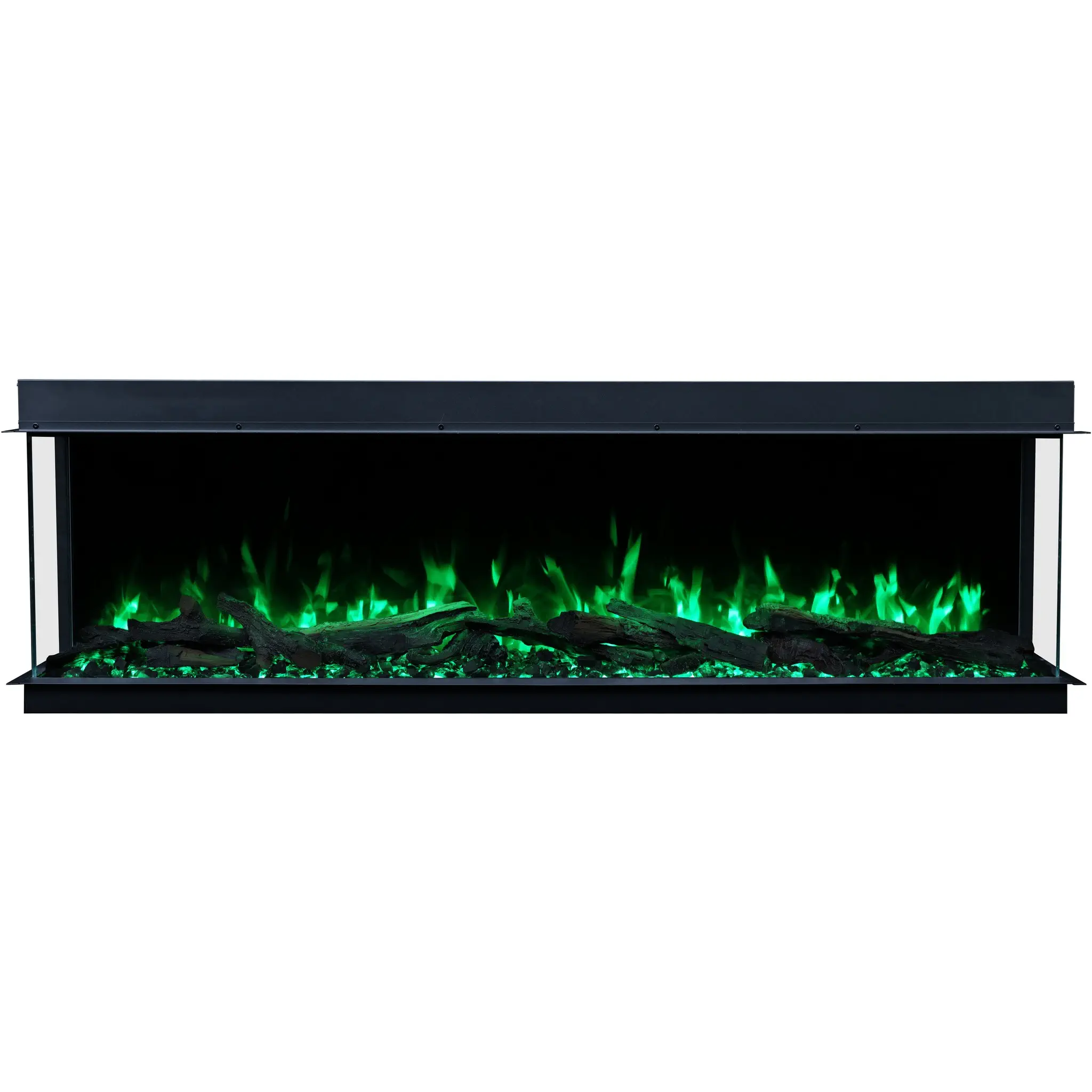 Elektrische inbouwhaard Emotion Flame Solis in vooraanzicht, verlicht met een intens groen vlameffect en een sintelbed van kristallen.
