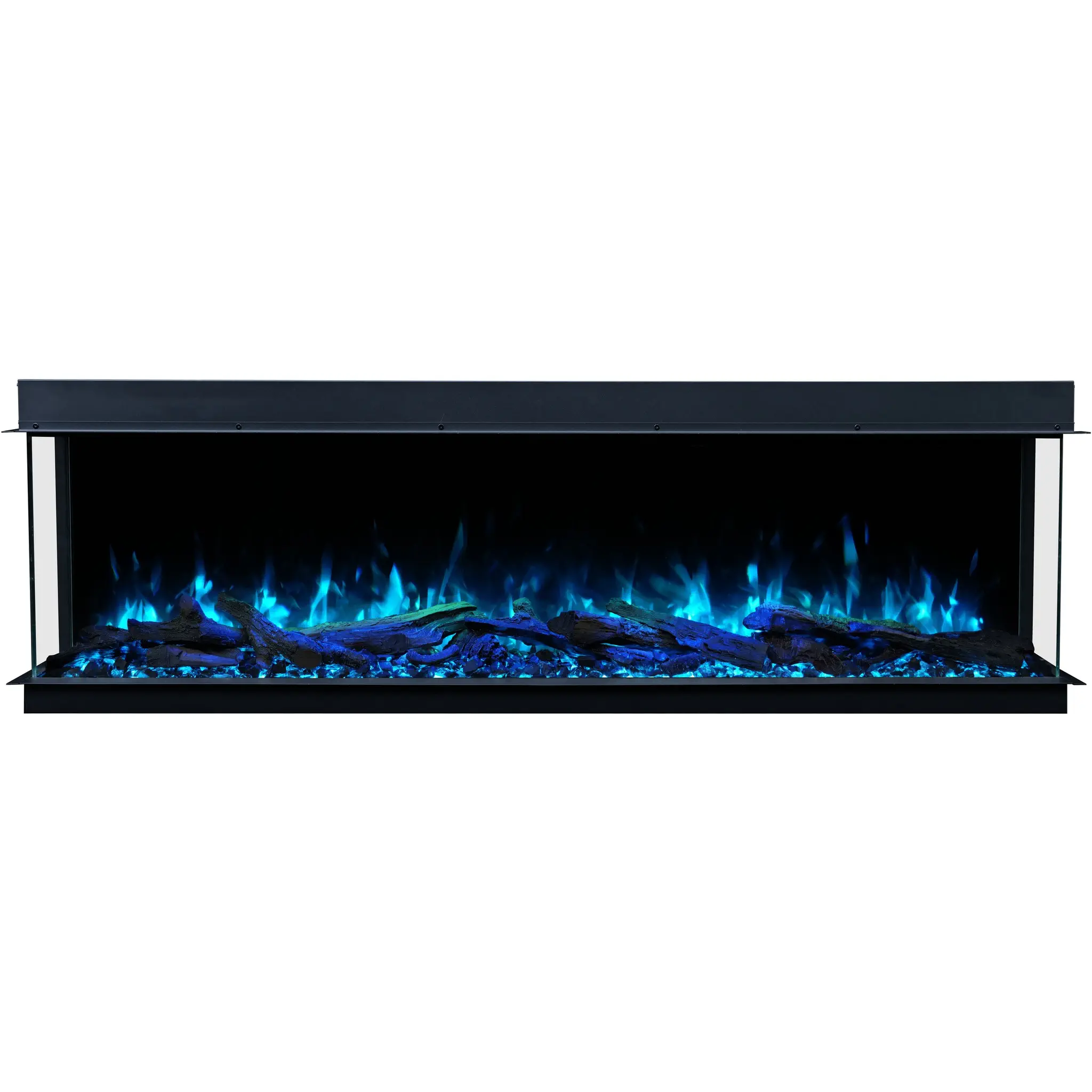 Vooraanzicht van de elektrische haard Emotion Flame Solis met een uniek zeegroen vlameffect boven de decoratieve houtblokken i kristallen.