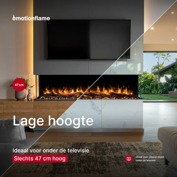 Elektrische haard Emotion Flame Solis met een geringe hoogte van 47 cm, ideaal voor inbouw in de muur direct onder de televisie.