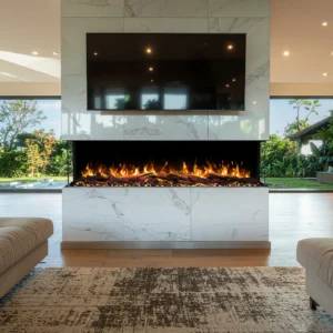 Moderne woonkamer met de elektrische inbouwhaard Emotion Flame Solis onder de televisie, die een realistisch driezijdig zicht op het vuur biedt.