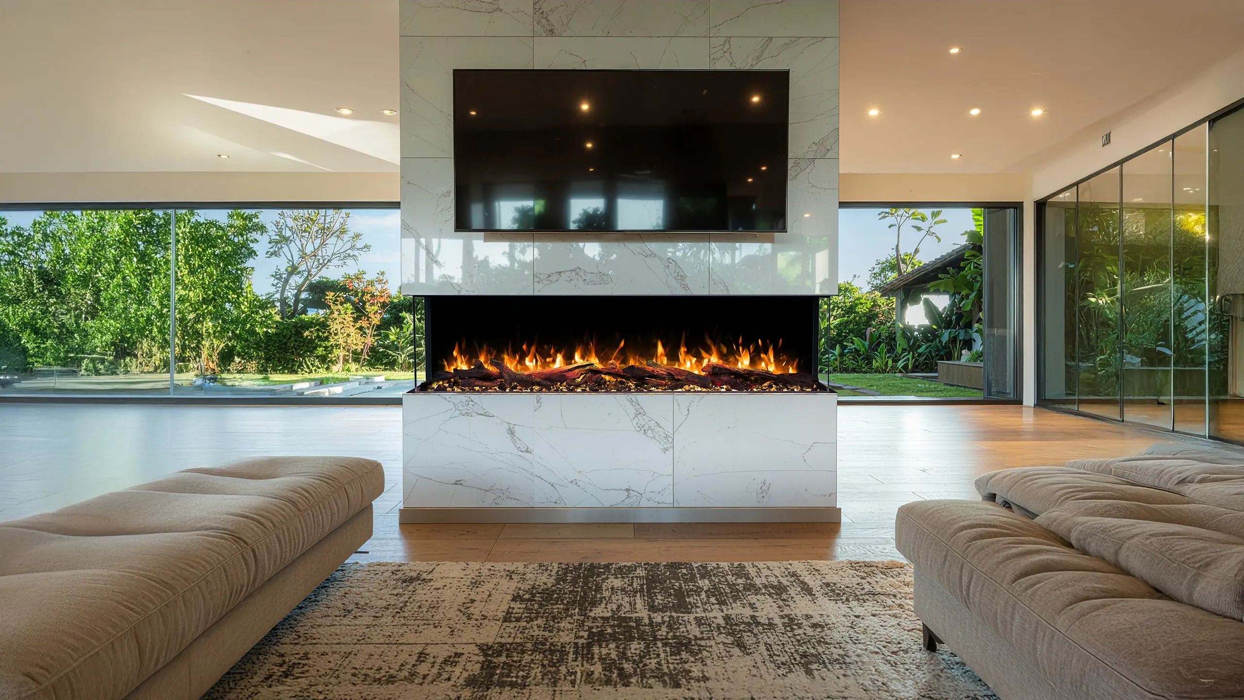 Moderne woonkamer met de elektrische inbouwhaard Emotion Flame Solis onder de televisie, die een realistisch driezijdig zicht op het vuur biedt.