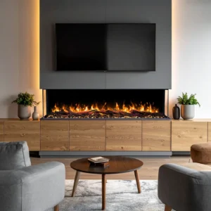 Woonkamerinterieur met de driezijdige elektrische haard Emotion Flame Solis, elegant ingebouwd in de wand onder de televisie.
