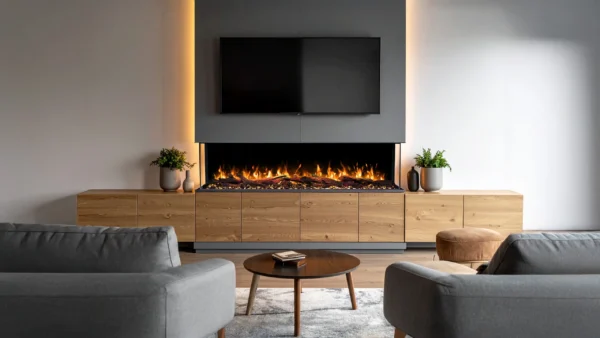 Woonkamerinterieur met de driezijdige elektrische haard Emotion Flame Solis, elegant ingebouwd in de wand onder de televisie.
