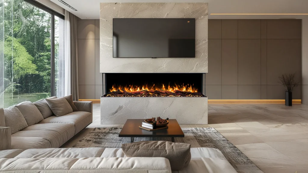 Driezijdige panoramische elektrische haard Emotion Flame Solis als stijlvolle wandinbouw onder de televisie in een modern interieur.