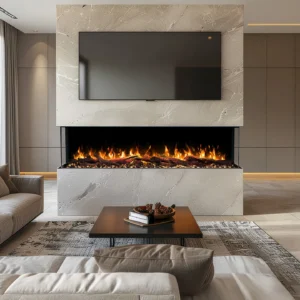 Driezijdige panoramische elektrische haard Emotion Flame Solis als stijlvolle wandinbouw onder de televisie in een modern interieur.