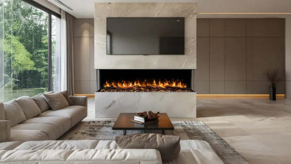 Driezijdige panoramische elektrische haard Emotion Flame Solis als stijlvolle wandinbouw onder de televisie in een modern interieur.