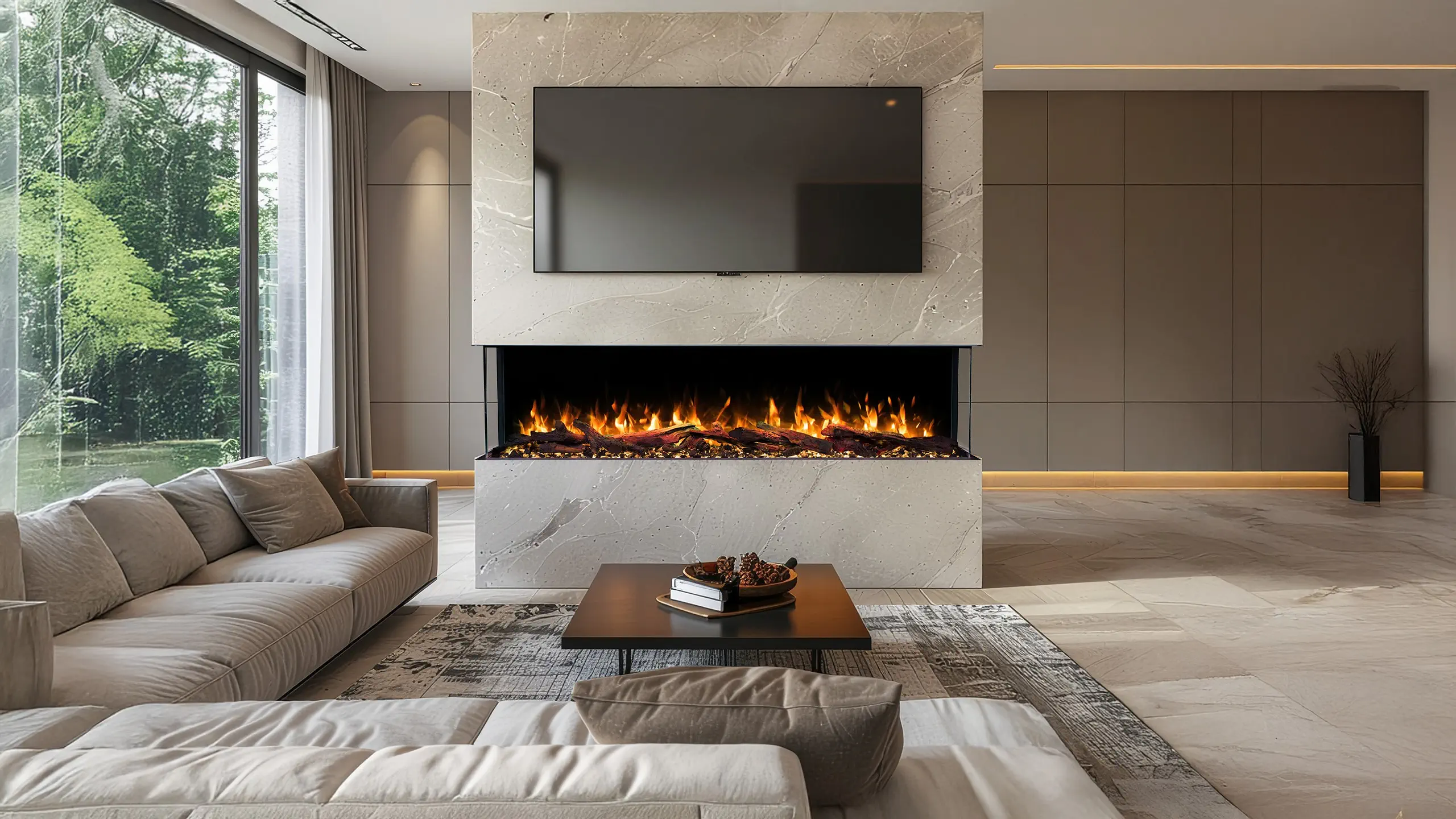 Driezijdige panoramische elektrische haard Emotion Flame Solis als stijlvolle wandinbouw onder de televisie in een modern interieur.
